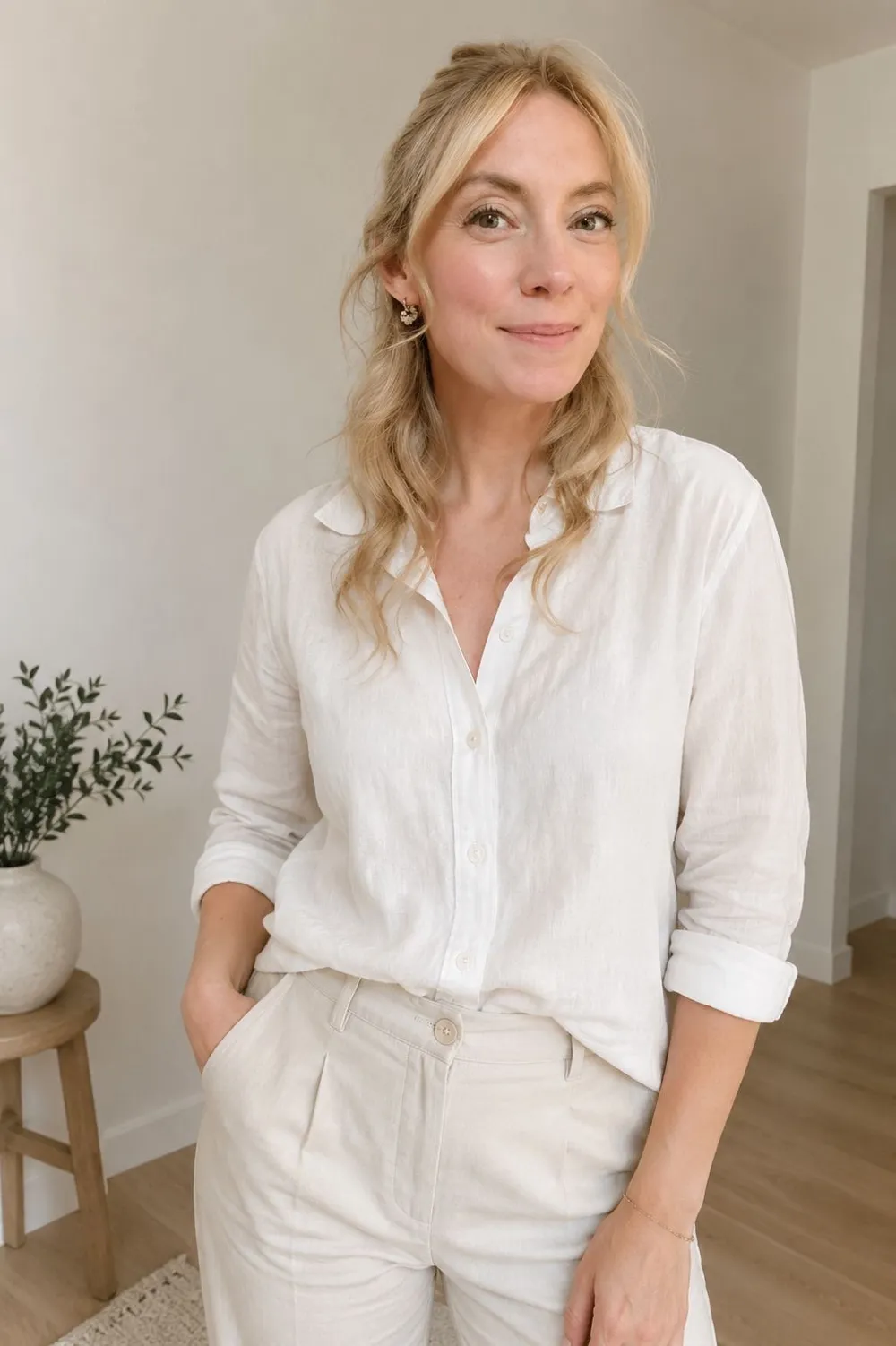 Sabrina Hirchert in weißer Leinenbluse in ihrer Praxis